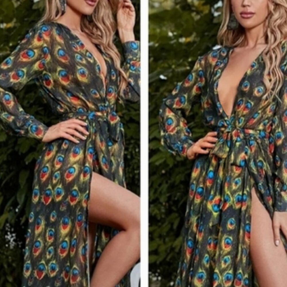 MISS ORD PEACOCK PRINT WRAP MAXI DRESS GLAM DRESSY ELEGANT BODYCON NWT S